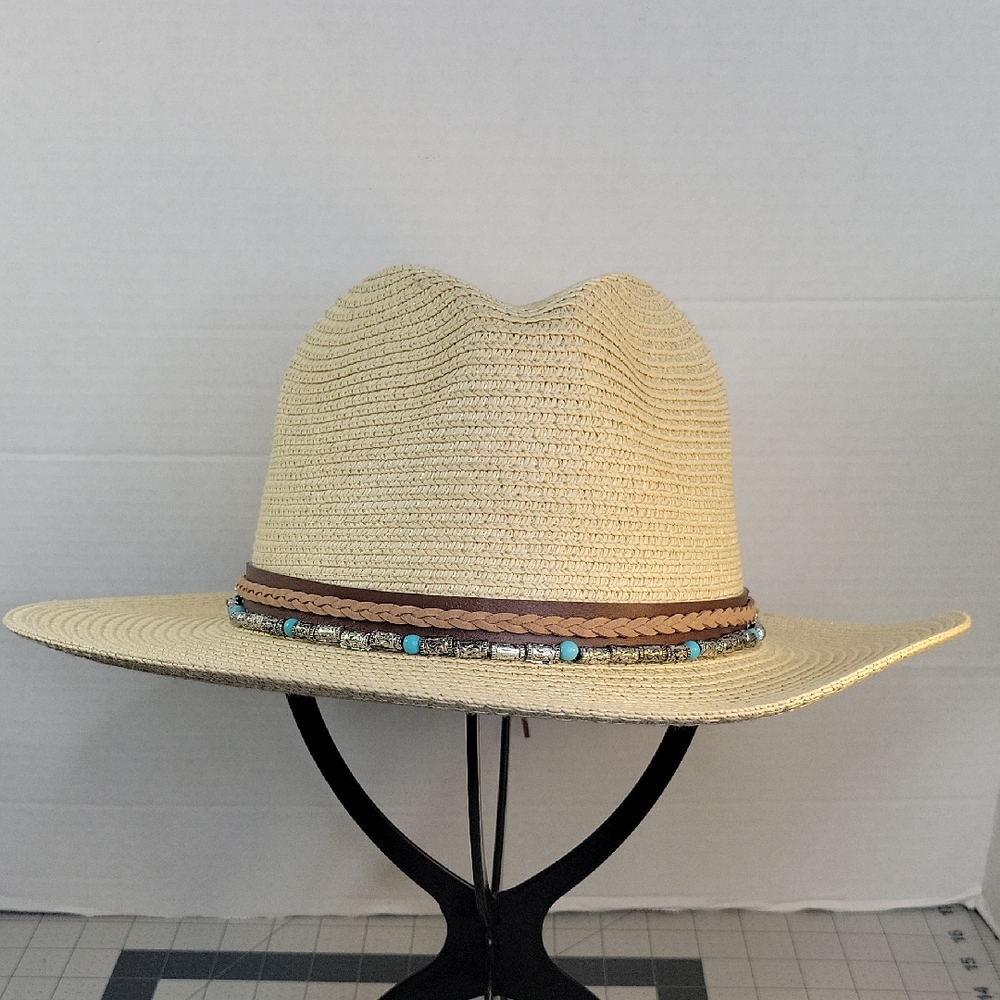 Adjustable Straw Hat Turquoise/Silver Beaded Band… - image 1
